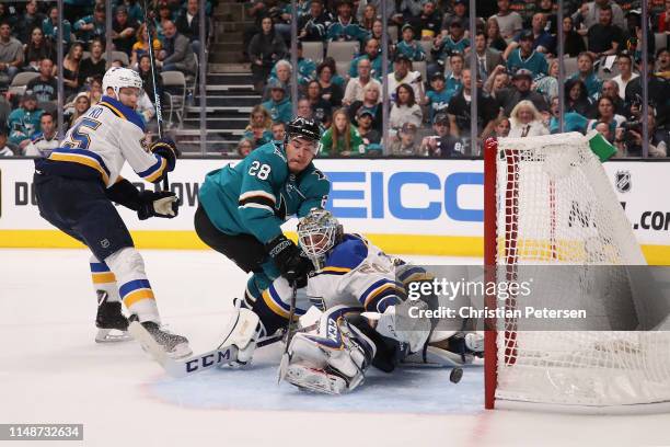 Timo Meier of the San Jose Sharks scores a goal past goaltender Alexander Steen of the St. Louis Blues in Game One NHL Western Conference Final...