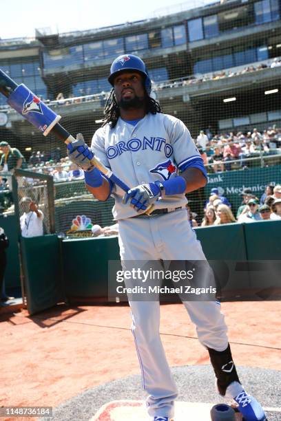 Alen Hanson of the Toronto Blue Jays stands in the on-deck circle prior to the game against the Oakland Athletics at the Oakland-Alameda County...