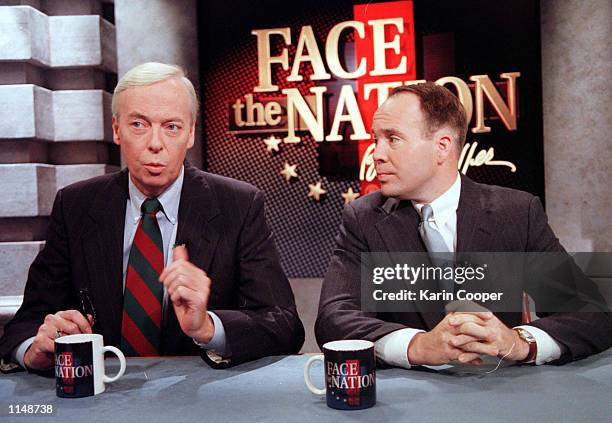 Linda Tripp spokesman Philip J. Coughter and Tripp lawyer Joe Murtha appear on CBS talk show "Face the Nation" August 2, 1998 in Washington, D.C.