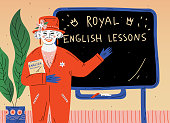 English Lesson. Portrait of teacher near blackboard in classroom.