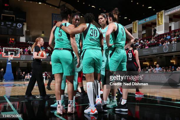 The New York Liberty huddle up during the game against the Las Vegas Aces on June 9, 2019 at the Westchester County Center, in White Plains, New...