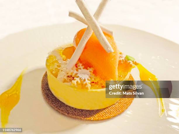 lemon dessert with snowflakes - orange creme stock pictures, royalty-free photos & images