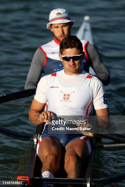 The Serbian Men's Pair, Martin Mackovic and Milos Vasic train in the morning during Day Two of the World Rowing Cup 1 on May 11, 2019 in Plovdiv,...