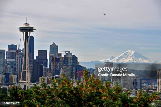 General view of the Seattle Skyline and Mount Rainier from Kerry Park during the 2019 Rock'n'Roll Seattle Marathon and 1/2 Marathon on June 9, 2019...