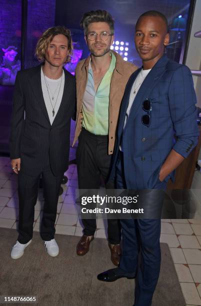 Dougie Poynter, Darren Kennedy and Eric Underwood attend the GQ Style and Browns party to celebrate LFWM June 2019 at Soho House on June 9, 2019 in...