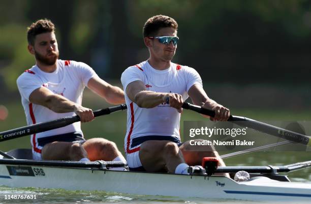 Martin Mackovic and Milos Vasic of Serbia in action during Day One of World Rowing Cup 1 on May 10, 2019 in Plovdiv, Bulgaria.