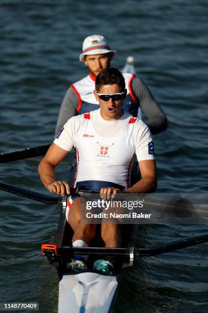The Serbian Men's Pair, Martin Mackovic and Milos Vasic train in the morning during Day Two of the World Rowing Cup 1 on May 11, 2019 in Plovdiv,...