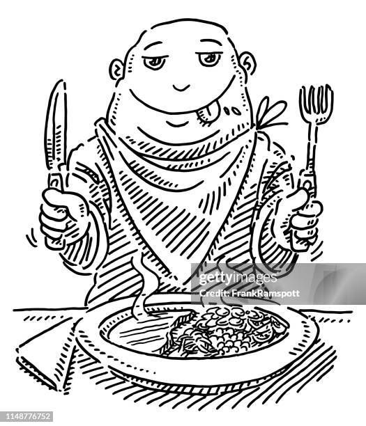 ilustraciones, imágenes clip art, dibujos animados e iconos de stock de figura de dibujos animados hambrientos en mesa de comedor dibujo - man eating in the table drawing