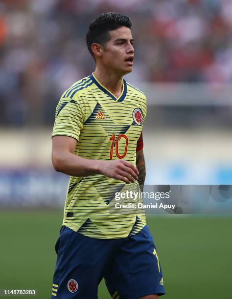 James Rodriguez of Colombia looks on during a friendly match between Peru and Colombia at Estadio Monumental on June 9, 2019 in Lima, Peru.