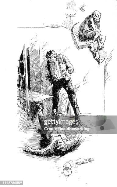 boy falling trough window with ape sitting on the drawn frame - catching bugs stock illustrations