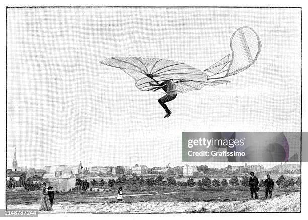 engineer otto lilienthal flying with machine 1892 germany - airship stock illustrations