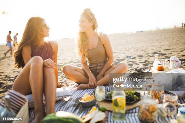 friends on the beach - beach picnic stock pictures, royalty-free photos & images