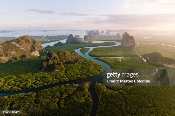 aerial view of river and karst peaks, phang nga bay, thailand - phuket - fotografias e filmes do acervo