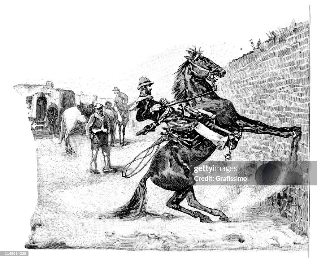 Evento ecuestre gaucho rompiendo un caballo en la provincia de la Pampa Argentina ilustración 1894