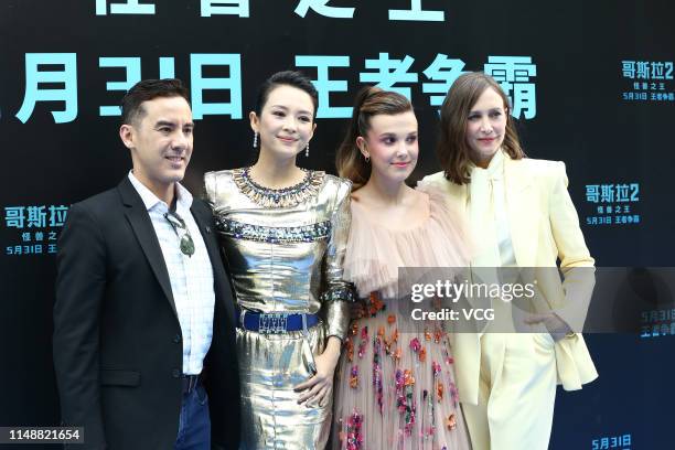 American film director Michael Dougherty, Chinese actress Zhang Ziyi, English actress Millie Bobby Brown and American actress Vera Farmiga attend a...