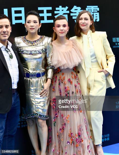 American film director Michael Dougherty, Chinese actress Zhang Ziyi, English actress Millie Bobby Brown and American actress Vera Farmiga attend a...