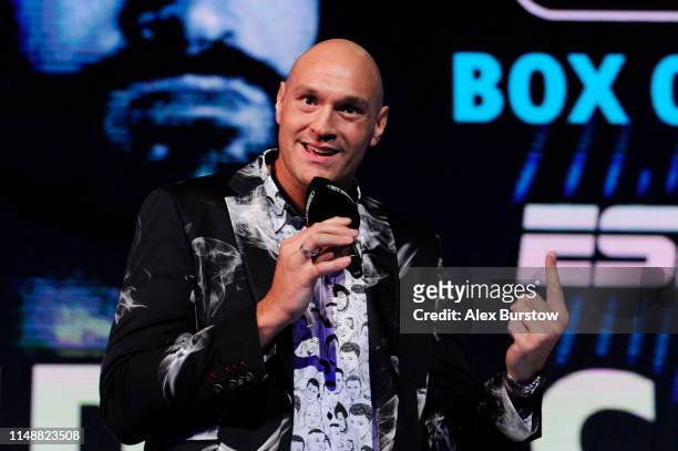 Tyson Fury of England speaks during a press conference ahead of his heavyweight match against Tom Schwarz at BT Sport Studios on May 13, 2019 in...