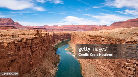 PAGE, USA - APRIL 17, 2019: Marble Canyon Bridge and colorado river near Page Arizona PAGE, USA - APRIL 17, 2019: Marble Canyon Bridge and colorado river near Page Arizona