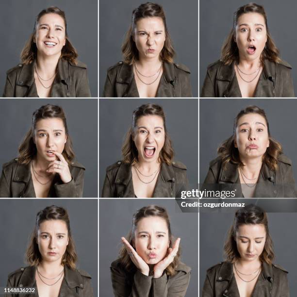 echte vrouw het maken van verschillende gezichtsuitdrukkingen - real people portrait stockfoto's en -beelden