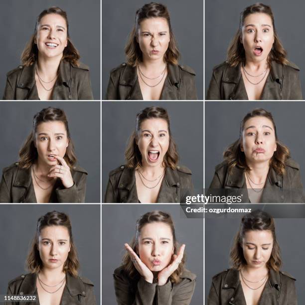 real woman making different facial expressions - react imagens e fotografias de stock