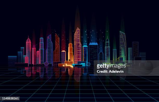 illustrazioni stock, clip art, cartoni animati e icone di tendenza di città notturna luminosa panoramica - futuristico
