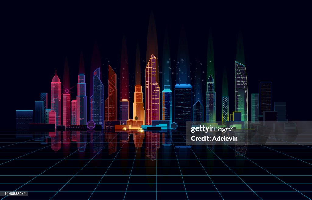 Panorama ljus natt stad