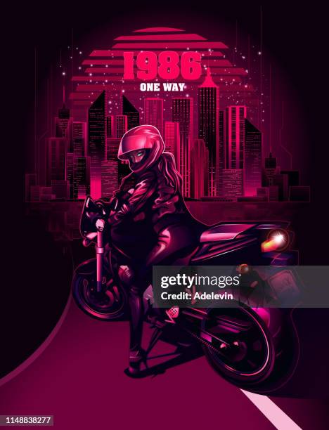 stockillustraties, clipart, cartoons en iconen met retrowave biker - motorfietser