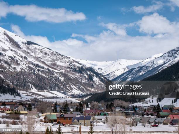 silverton, usa - april 16, 2019: the town of silverton colorado in a blanket of snow at the end of winter - ouray colorado bildbanksfoton och bilder