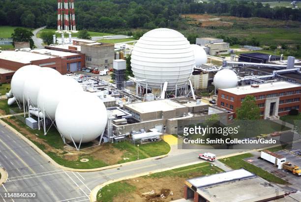 Aerial view of the Hypersonic Facilities Complex showing the vacuum spheres and central office building, Langley Research Center, Hampton, Virginia,...