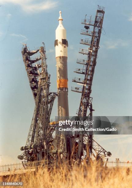 Soyuz spacecraft and launch vehicle installation on the launch pad, Apollo-Soyuz Test Project , Baikonur complex in Kazakhstan, July, 1975. Image...