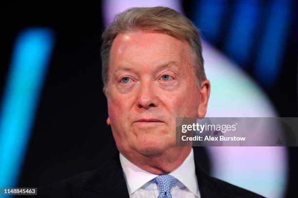 Promoter Frank Warren looks on during a press conference ahead of the heavyweight match against Tom Schwarz at BT Sport Studios on May 13, 2019 in...