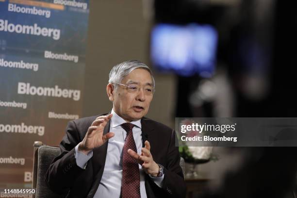 Haruhiko Kuroda, governor of the Bank of Japan , speaks during a Bloomberg Television interview in Fukuoka, Japan, on Monday, June 10, 2019. BOJ can...