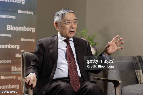 Haruhiko Kuroda, governor of the Bank of Japan , speaks during a Bloomberg Television interview in Fukuoka, Japan, on Monday, June 10, 2019. BOJ can...