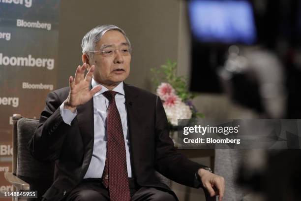 Haruhiko Kuroda, governor of the Bank of Japan , speaks during a Bloomberg Television interview in Fukuoka, Japan, on Monday, June 10, 2019. BOJ can...