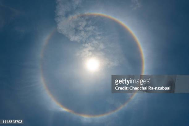 sun halo in the sky. the sun halo is circle around the sun or the moon made from ice crystals in the sky. it is rare phenomenon - light natural phenomenon stock pictures, royalty-free photos & images