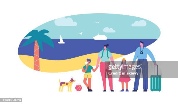 family summer vacations - stroking dog stock illustrations