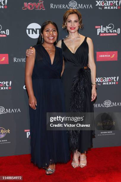 Yalitza Aparicio and Marina de Tavira attend the red carpet of the Premios Platino 2019 at Occidental Xcaret Hotel on May 12, 2019 in Playa del...