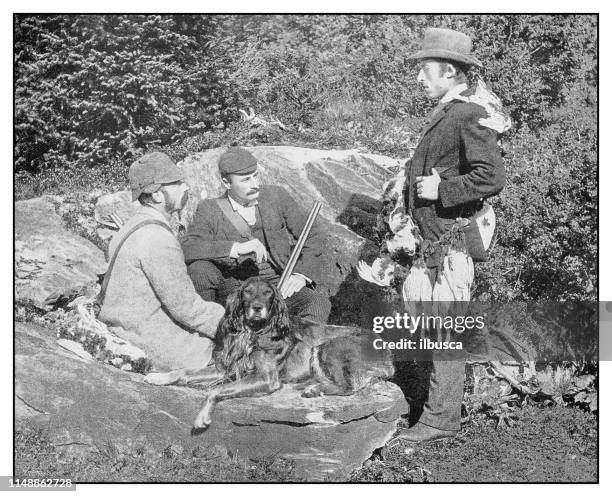 ilustrações de stock, clip art, desenhos animados e ícones de antique photo: ptarmigan shooting in sweden - perseguir