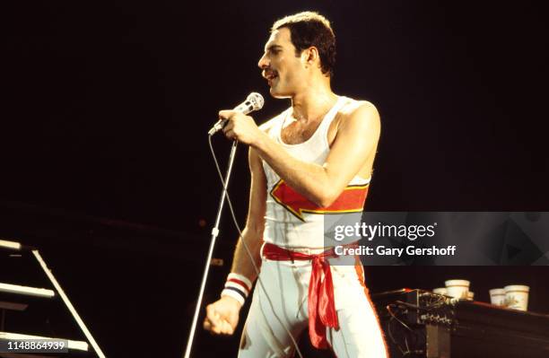 English Rock vocalist Freddie Mercury , of the group Queen, performs onstage at Byrne Arena, East Rutherford, New Jersey, August 9, 1982.