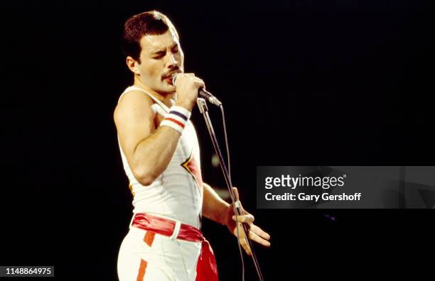 English Rock vocalist Freddie Mercury , of the group Queen, performs onstage at Byrne Arena, East Rutherford, New Jersey, August 9, 1982.