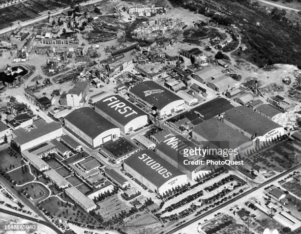 Aerial view of the enclosed sound stages and operating buildings of Warner Brothers' First National Pictures, Burbank, California, late 1920s or...