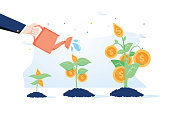 Business growth concept. Vector of a business man hand with pot watering profitable money tree.