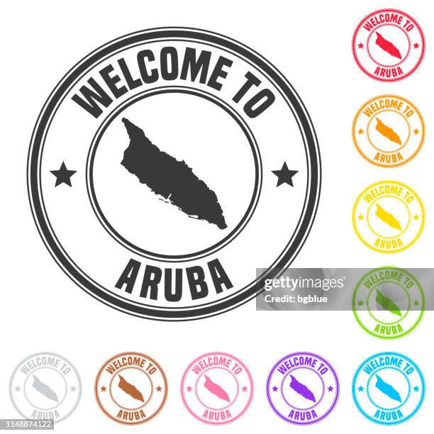ilustraciones, imágenes clip art, dibujos animados e iconos de stock de bienvenido a aruba sello-insignias coloridas sobre fondo blanco - aruba
