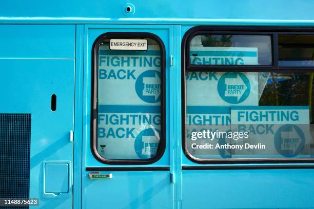 Placards are stored on the Brexit Party campaign bus outside the John Smith's Stadium ahead of the Brexit Party rally on May 13, 2019 in...