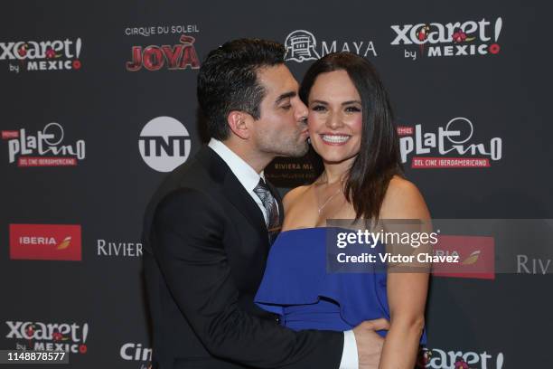 Omar Chaparro and his wife Lucia Ruiz attend the red carpet of the Premios Platino 2019 at Occidental Xcaret Hotel on May 12, 2019 in Playa del...