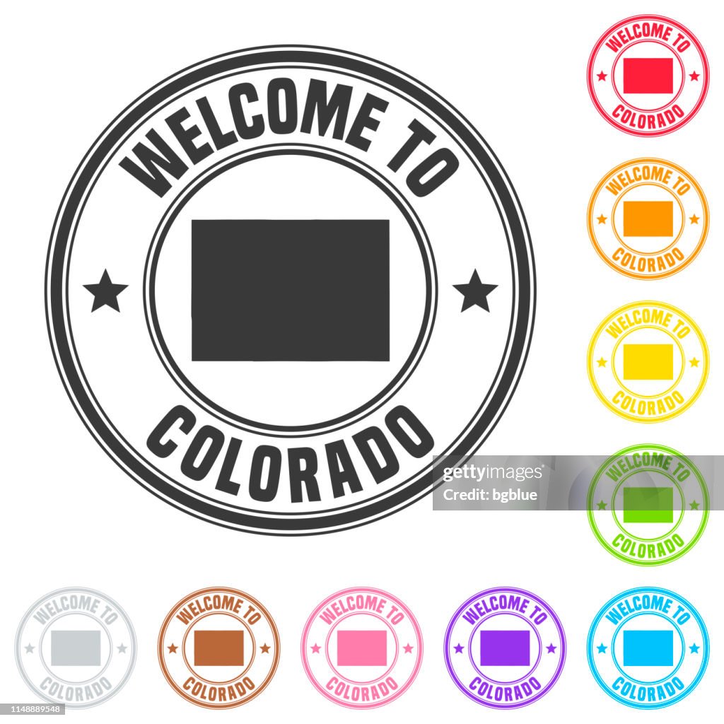 Welcome to Colorado stamp - Colorful badges on white background