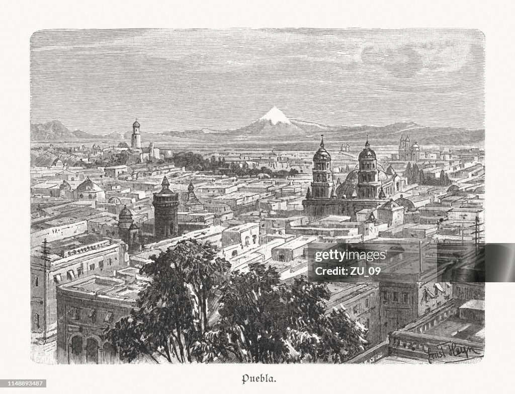 Historical view of Puebla in Mexico, wood engraving, published 1897