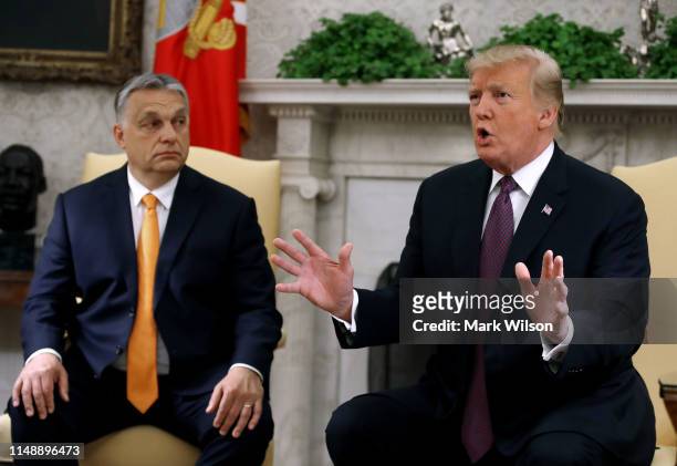 President Donald Trump speaks to the media during a meeting with Hungarian Prime Minister Viktor Orban, in the Oval Office on May 13, 2019 in...