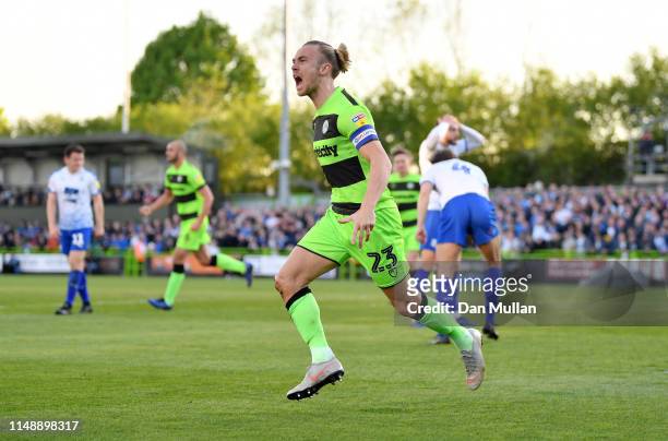 Joseph Mills of Forest Green Rovers celebrates scoring his side's first goal during the Sky Bet League Two Play-off Semi Final Second Leg match...