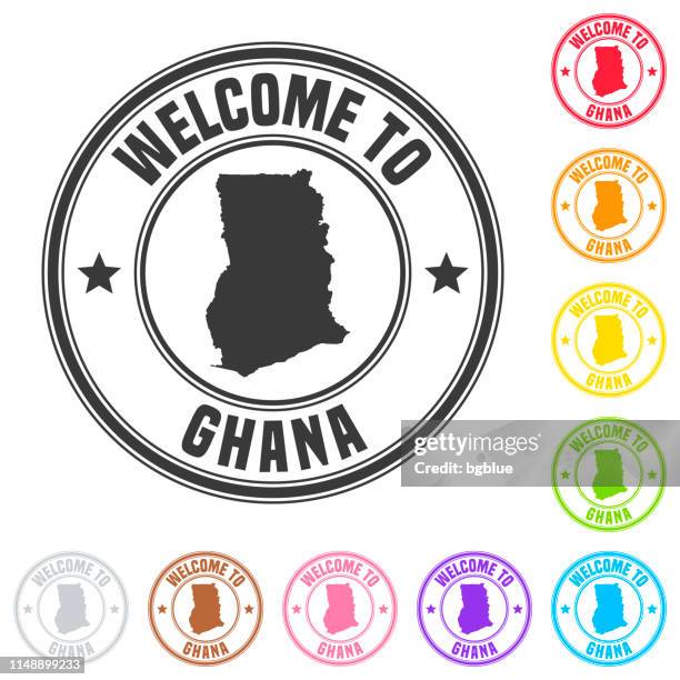 welcome to ghana stamp - colorful badges on white background - ghana-black-stars stock illustrations